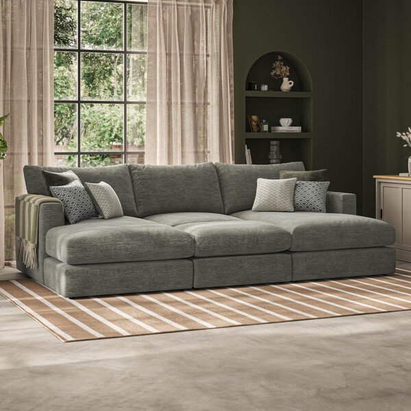 Olive Green Fabric Sofas - 3 Seat Double Chaise End Sofa - Malvern Range - Oak Furnitureland