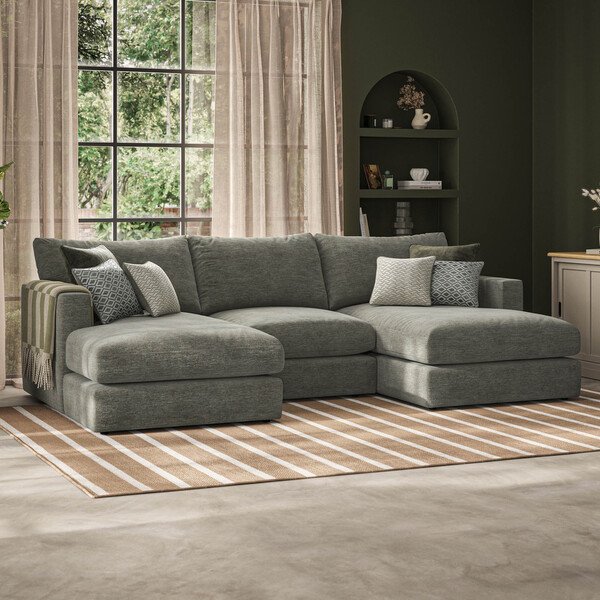 Olive Green Fabric Sofas - 3 Seat Double Chaise End Sofa - Malvern Range - Oak Furnitureland