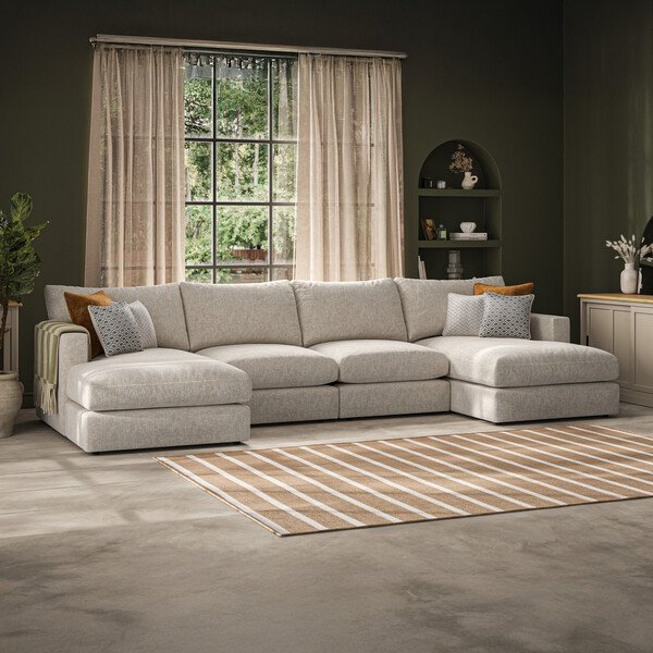 Beige Fabric Sofas - 4 Seat Double Chaise End Sofa - Malvern Range - Oak Furnitureland