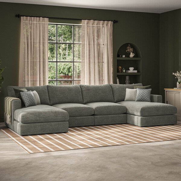 Olive Green Fabric Sofas - 4 Seat Double Chaise End Sofa - Malvern Range - Oak Furnitureland