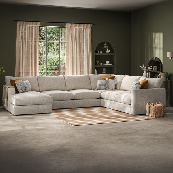 Beige Fabric Sofas - 6 Seater Left Hand Corner Sofa with Chaise - Malvern Range - Oak Furnitureland