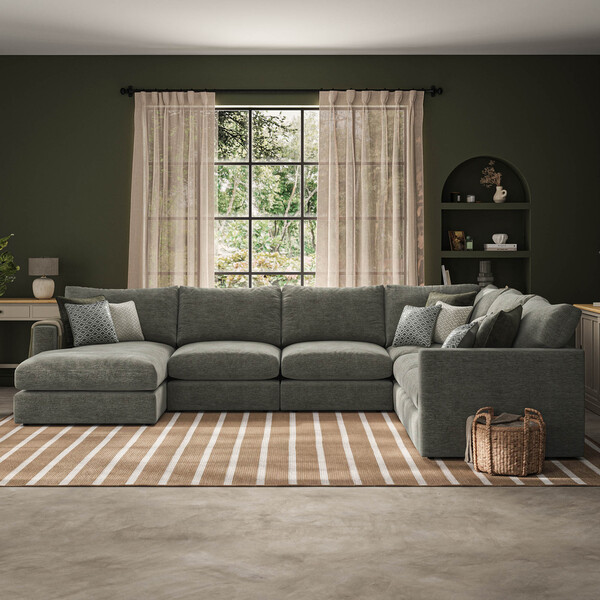 Olive Green Fabric Sofas - 6 Seater Left Hand Corner Sofa with Chaise - Malvern Range - Oak Furnitureland