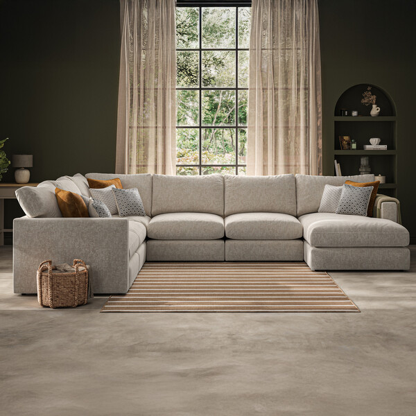 Beige Fabric Sofas - 6 Seater Right Hand Corner Sofa with Chaise - Malvern Range - Oak Furnitureland