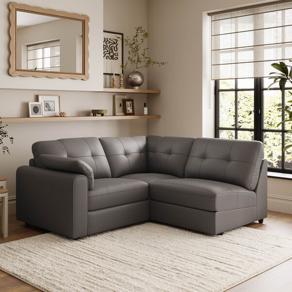Elephant Grey Leather Sofas - Modular 3 Seat Left Hand Corner Sofa - Marley Range - Oak Furnitureland