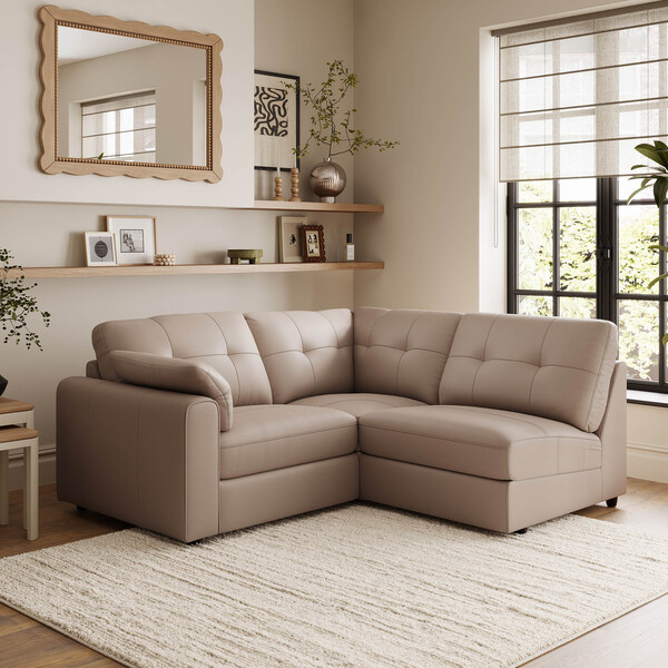 Mushroom Leather Sofas - Modular 3 Seat Left Hand Corner Sofa - Marley Range - Oak Furnitureland