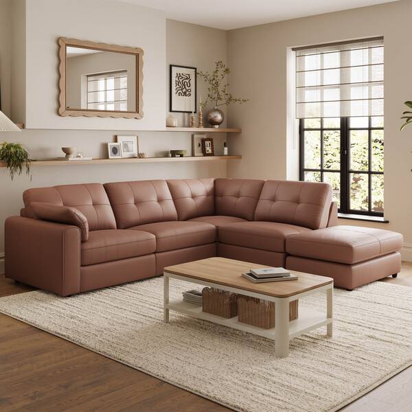 Mocha Mousse Leather Sofas - Modular 4 Seat Left Hand Open End Corner - Marley Range - Oak Furnitureland