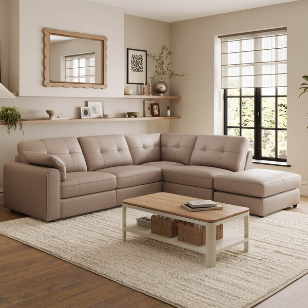 Mushroom Leather Sofas - Modular 4 Seat Left Hand Open End Corner - Marley Range - Oak Furnitureland