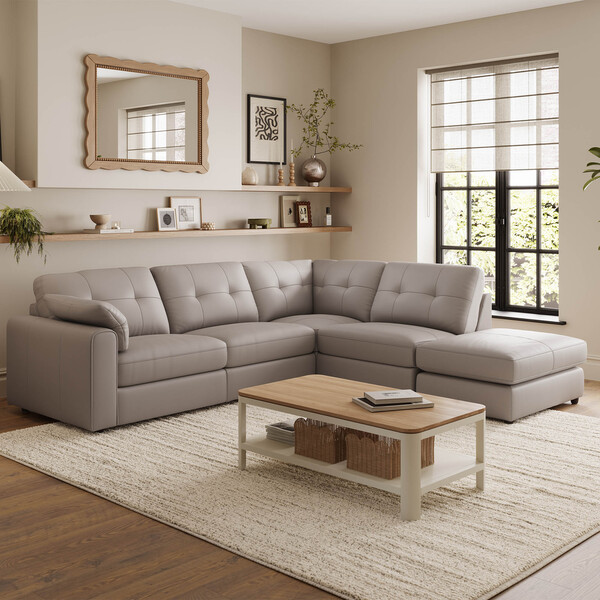 Oyster Leather Sofas - Modular 4 Seat Left Hand Open End Corner - Marley Range - Oak Furnitureland
