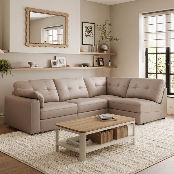 Mushroom Leather Sofas - Modular 4 Seat Right Hand Corner Sofa - Marley Range - Oak Furnitureland