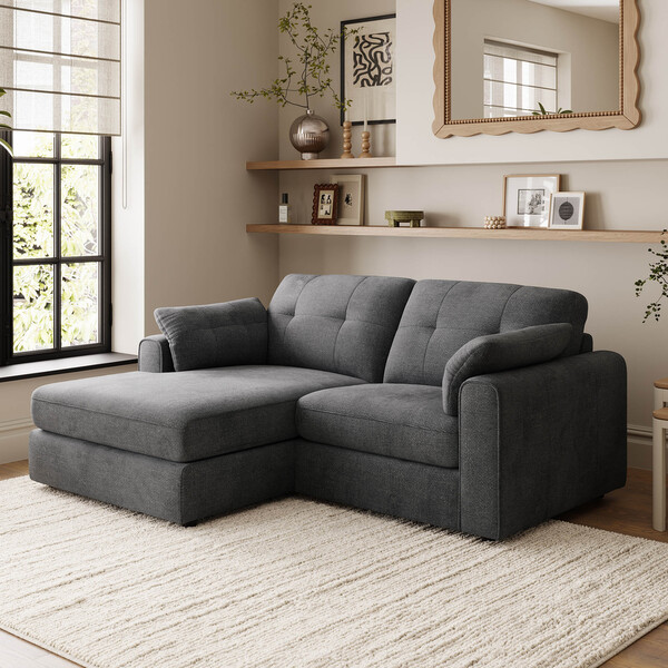 Charcoal Fabric Sofas - 2 Seater Left Hand Compact Chaise Sofa - Marley Range - Oak Furnitureland