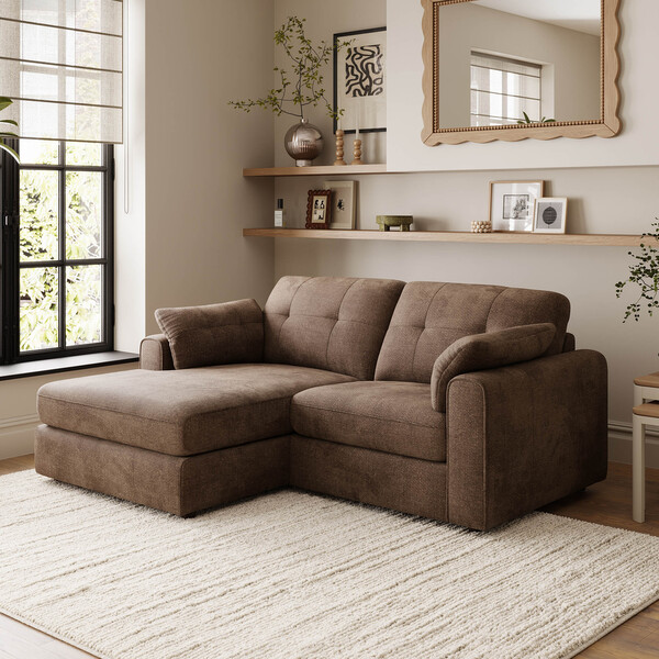 Chocolate Fabric Sofas - 2 Seater Left Hand Compact Chaise Sofa - Marley Range - Oak Furnitureland
