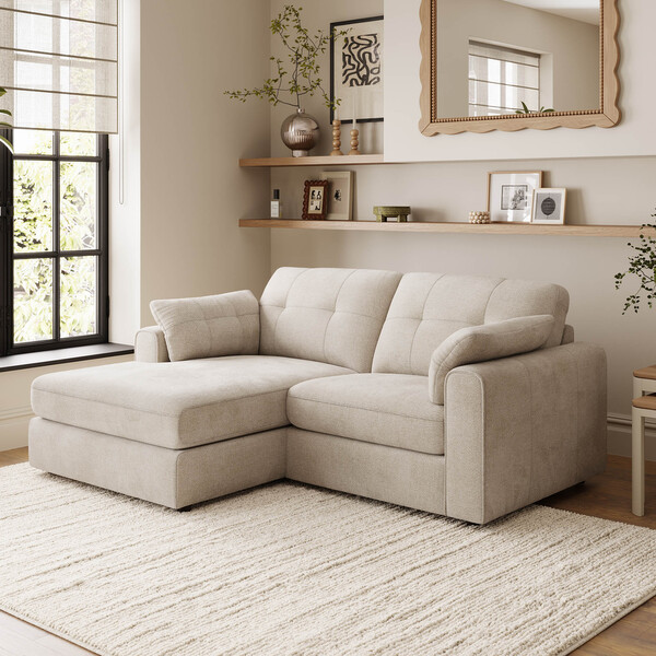 Natural Fabric Sofas - 2 Seater Left Hand Compact Chaise Sofa - Marley Range - Oak Furnitureland