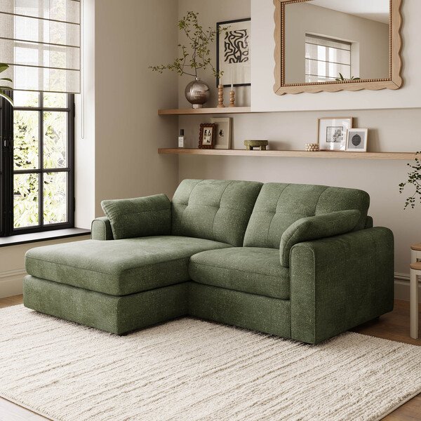 Pine Fabric Sofas - 2 Seater Left Hand Compact Chaise Sofa - Marley Range - Oak Furnitureland
