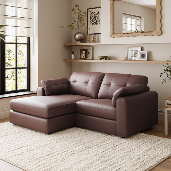 Chestnut Leather Sofas - 2 Seater Left Hand Compact Chaise Sofa - Marley Range - Oak Furnitureland