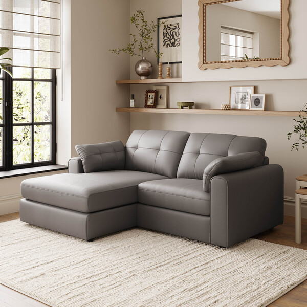 Elephant Grey Leather Sofas - 2 Seater Left Hand Compact Chaise Sofa - Marley Range - Oak Furnitureland