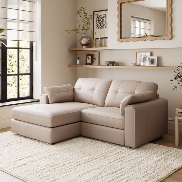 Mushroom Leather Sofas - 2 Seater Left Hand Compact Chaise Sofa - Marley Range - Oak Furnitureland