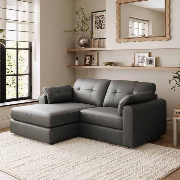 Storm Leather Sofas - 2 Seater Left Hand Compact Chaise Sofa - Marley Range - Oak Furnitureland