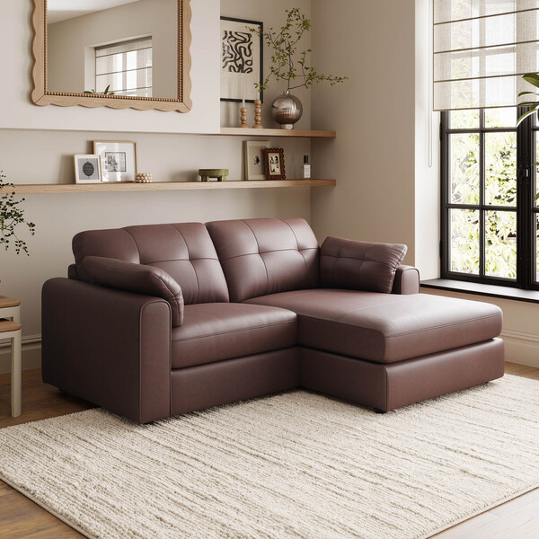 Chestnut Leather Sofas - 2 Seater Right Hand Compact Chaise Sofa - Marley Range - Oak Furnitureland