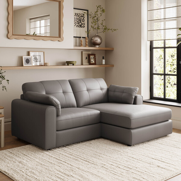 Elephant Grey Leather Sofas - 2 Seater Right Hand Compact Chaise Sofa - Marley Range - Oak Furnitureland