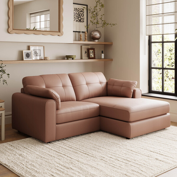 Mocha Mousse Leather Sofas - 2 Seater Right Hand Compact Chaise Sofa - Marley Range - Oak Furnitureland