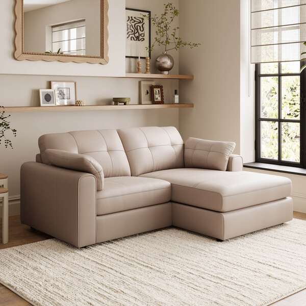 Mushroom Leather Sofas - 2 Seater Right Hand Compact Chaise Sofa - Marley Range - Oak Furnitureland