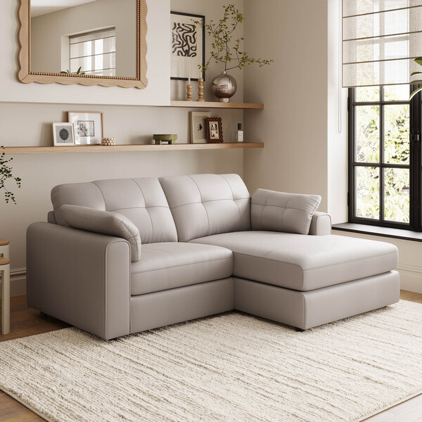 Oyster Leather Sofas - 2 Seater Right Hand Compact Chaise Sofa - Marley Range - Oak Furnitureland