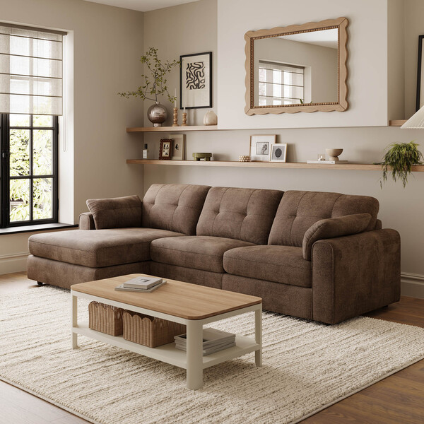 Chocolate Fabric Sofas - 3 Seater Left Hand Chaise Sofa - Marley Range - Oak Furnitureland