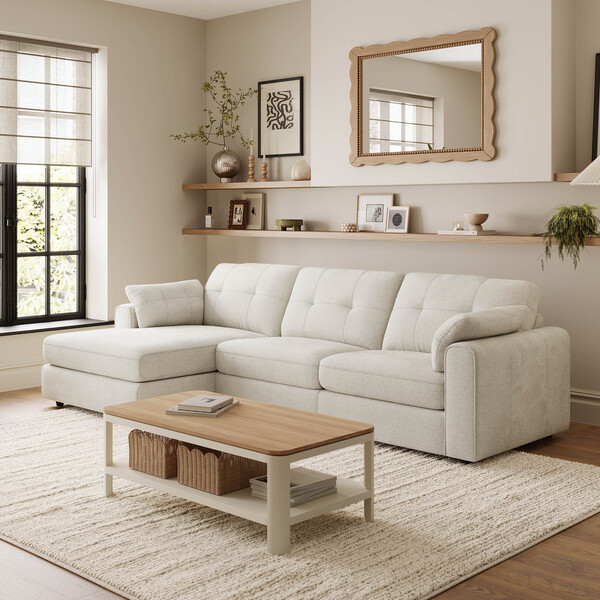Ivory Fabric Sofas - 3 Seater Left Hand Chaise Sofa - Marley Range - Oak Furnitureland