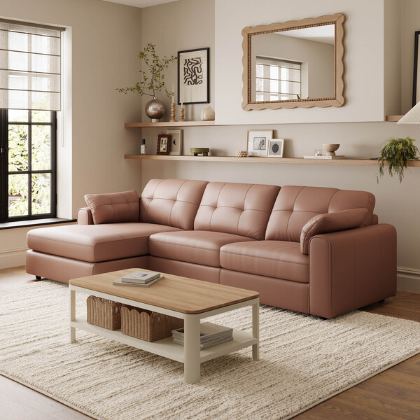 Mocha Mousse Leather Sofas - 3 Seater Left Hand Chaise Sofa - Marley Range - Oak Furnitureland
