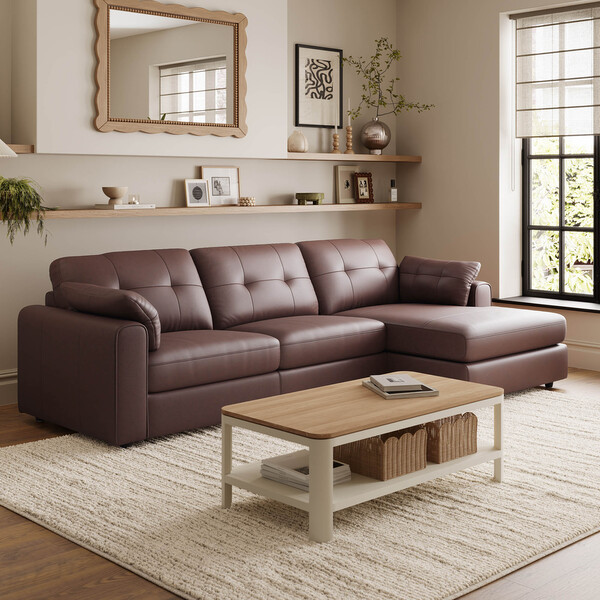 Chestnut Leather Sofas - 3 Seater Right Hand Chaise Sofa - Marley Range - Oak Furnitureland