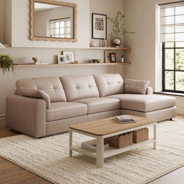 Mushroom Leather Sofas - 3 Seater Right Hand Chaise Sofa - Marley Range - Oak Furnitureland