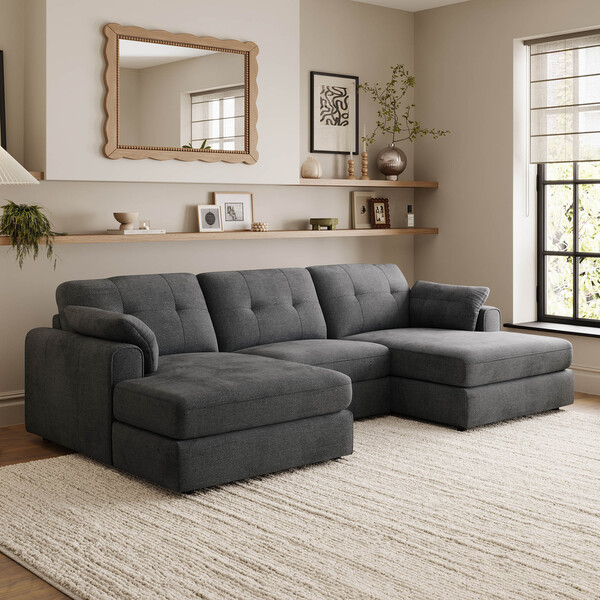 Charcoal Fabric Sofas - 3 Seat Double Chaise End Sofa - Marley Range - Oak Furnitureland