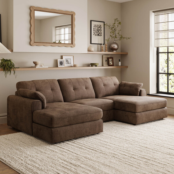 Chocolate Fabric Sofas - 3 Seat Double Chaise End Sofa - Marley Range - Oak Furnitureland
