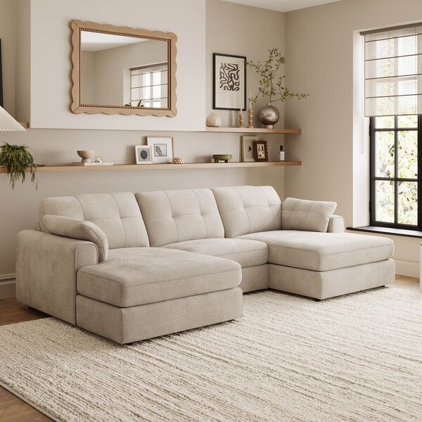 Natural Fabric Sofas - 3 Seat Double Chaise End Sofa - Marley Range - Oak Furnitureland