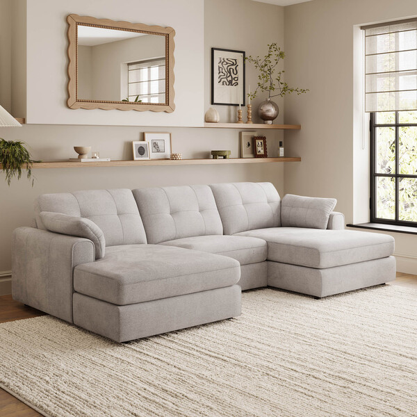 Stone Fabric Sofas - 3 Seat Double Chaise End Sofa - Marley Range - Oak Furnitureland