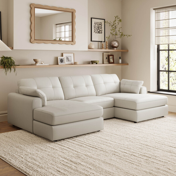 Bone China Leather Sofas - 3 Seat Double Chaise End Sofa - Marley Range - Oak Furnitureland