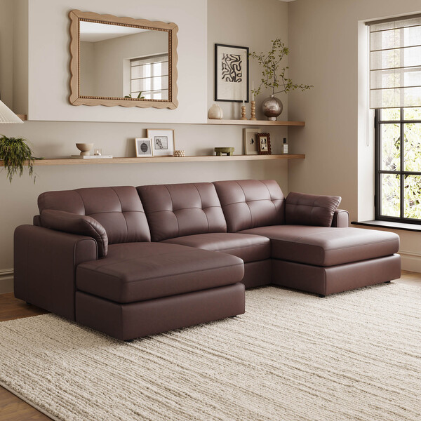 Chestnut Leather Sofas - 3 Seat Double Chaise End Sofa - Marley Range - Oak Furnitureland