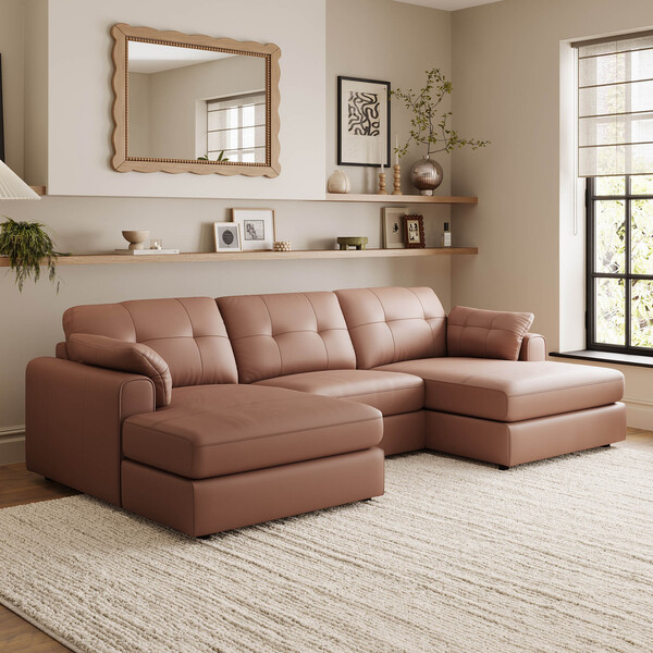 Mocha Mousse Leather Sofas - 3 Seat Double Chaise End Sofa - Marley Range - Oak Furnitureland