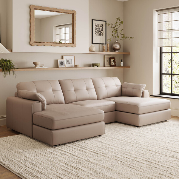 Mushroom Leather Sofas - 3 Seat Double Chaise End Sofa - Marley Range - Oak Furnitureland