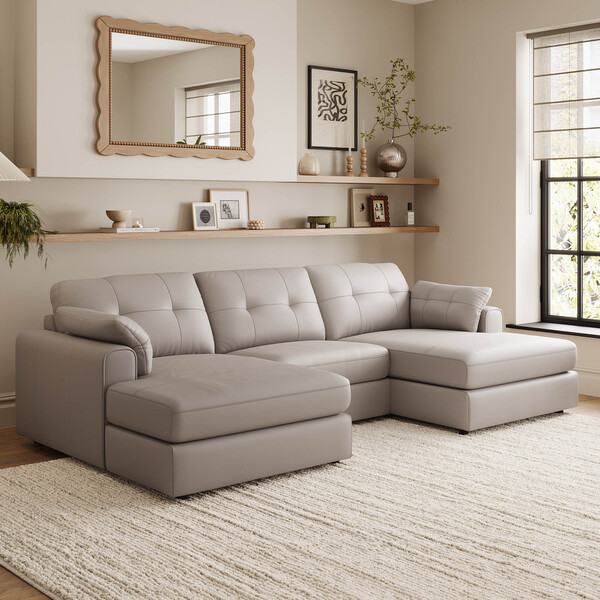 Oyster Leather Sofas - 3 Seat Double Chaise End Sofa - Marley Range - Oak Furnitureland
