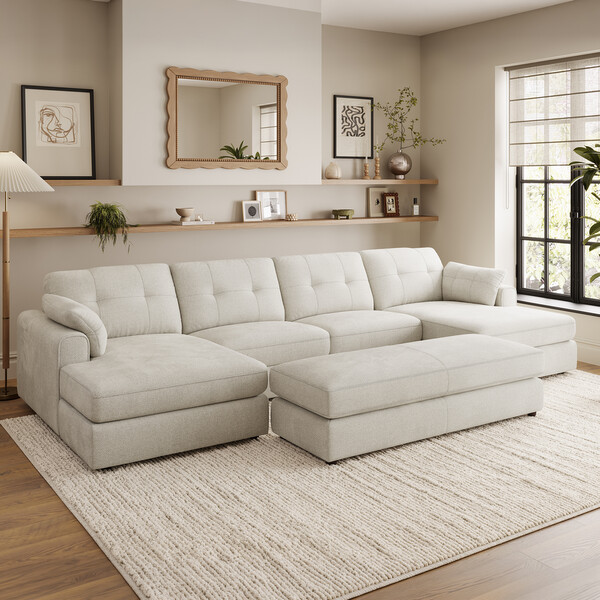 Ivory Fabric Sofas - 4 Seat Double Chaise End Sofa - Marley Range - Oak Furnitureland
