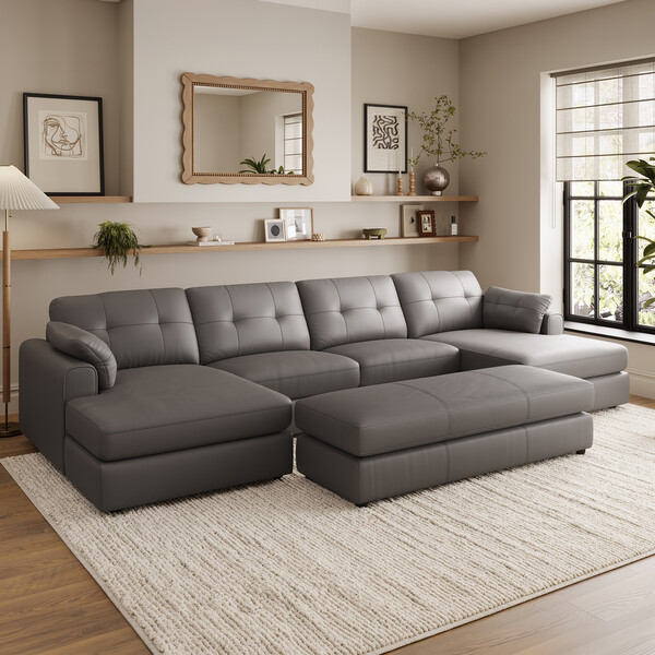 Elephant Grey Leather Sofas - 4 Seat Double Chaise End Sofa - Marley Range - Oak Furnitureland