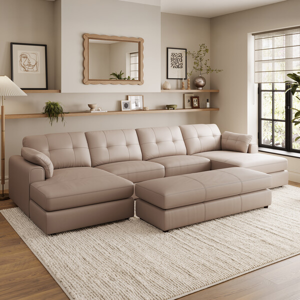 Mushroom Leather Sofas - 4 Seat Double Chaise End Sofa - Marley Range - Oak Furnitureland