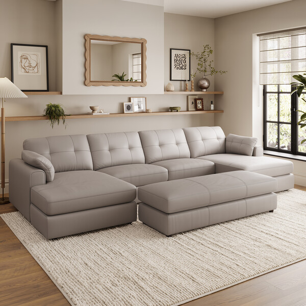 Oyster Leather Sofas - 4 Seat Double Chaise End Sofa - Marley Range - Oak Furnitureland