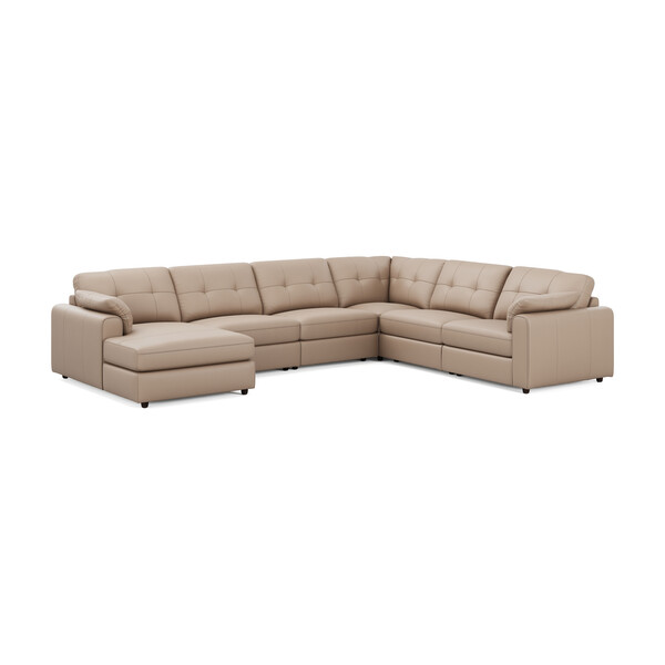 Mushroom Leather Sofas - 6 Seater Left Hand Corner Sofa with Chaise - Marley Range - Oak Furnitureland