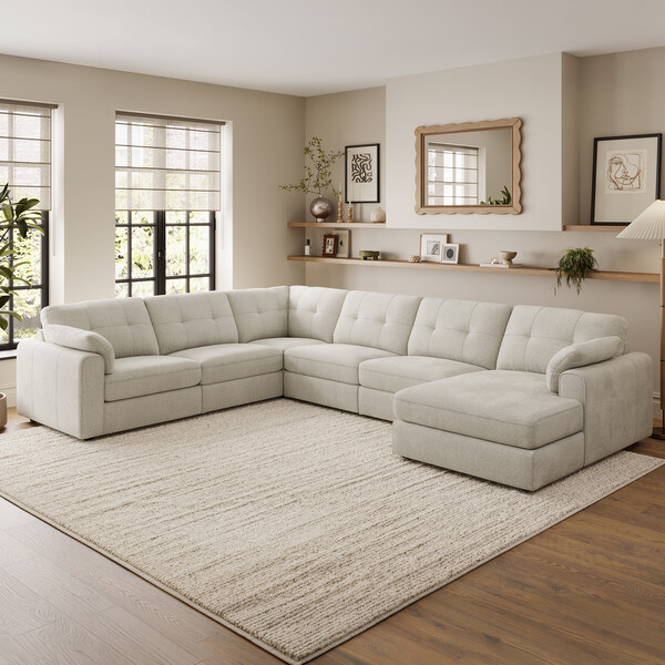 Ivory Fabric Sofas - 6 Seater Right Hand Corner Sofa with Chaise - Marley Range - Oak Furnitureland