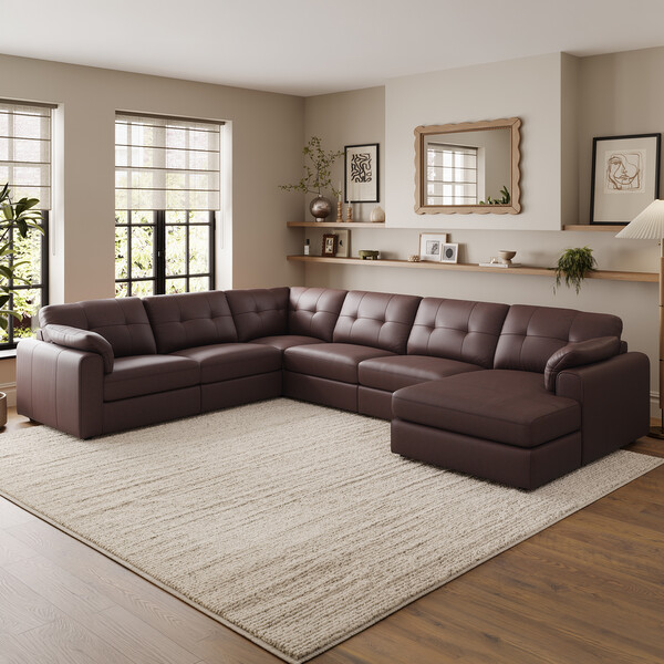 Chestnut Leather Sofas - 6 Seater Right Hand Corner Sofa with Chaise - Marley Range - Oak Furnitureland