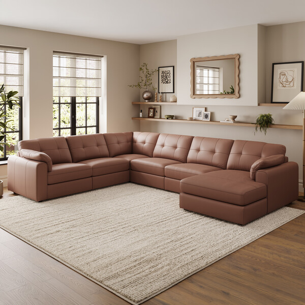 Mocha Mouse Leather Sofas - 6 Seater Right Hand Corner Sofa with Chaise - Marley Range - Oak Furnitureland