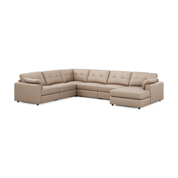 Mushroom Leather Sofas - 6 Seater Right Hand Corner Sofa with Chaise - Marley Range - Oak Furnitureland