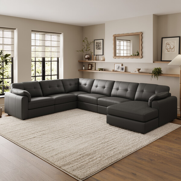 Storm Leather Sofas - 6 Seater Right Hand Corner Sofa with Chaise - Marley Range - Oak Furnitureland